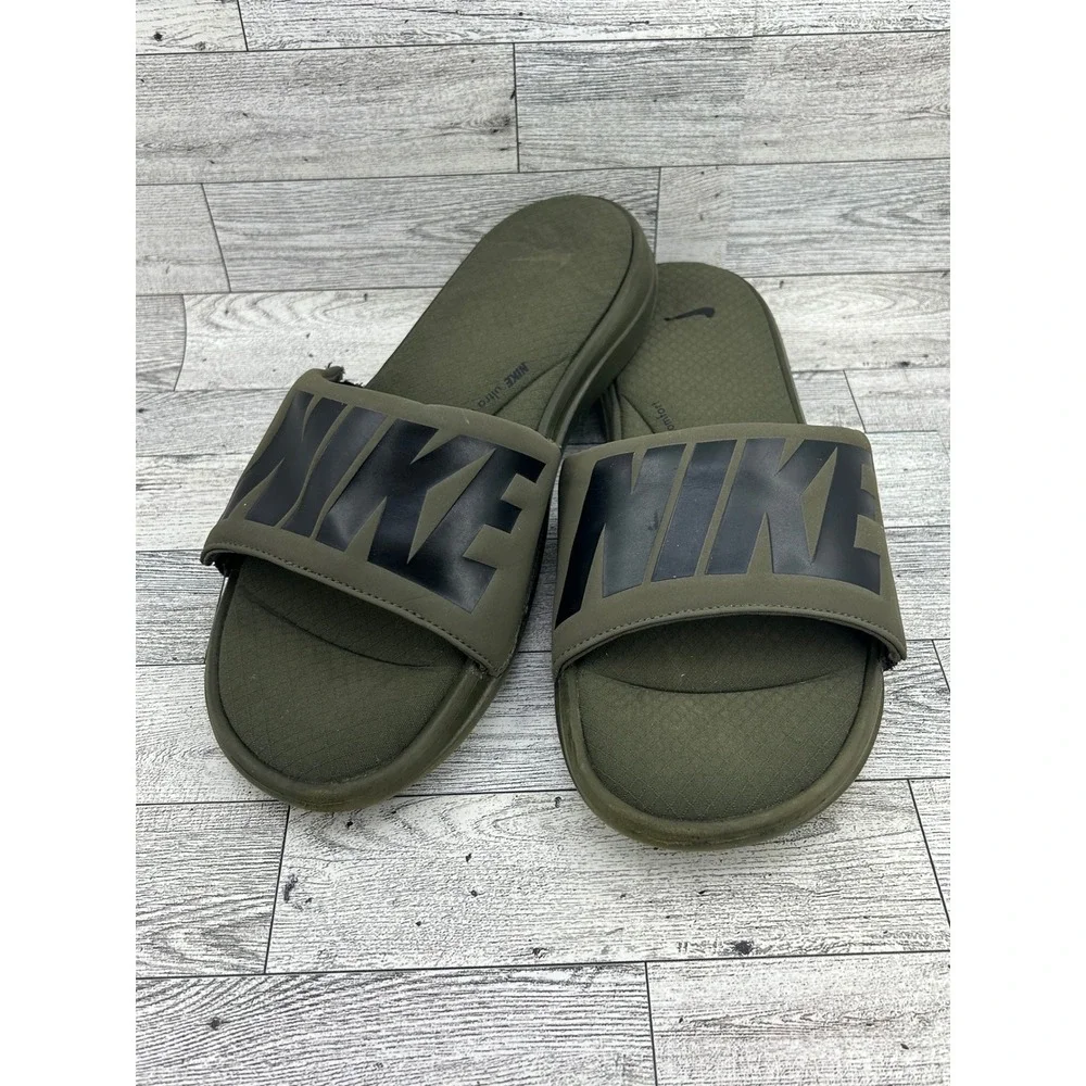 Nike Ultra Comfort Men Sz 9 Olive Green Black Logo Athletic Sandals 882690-300